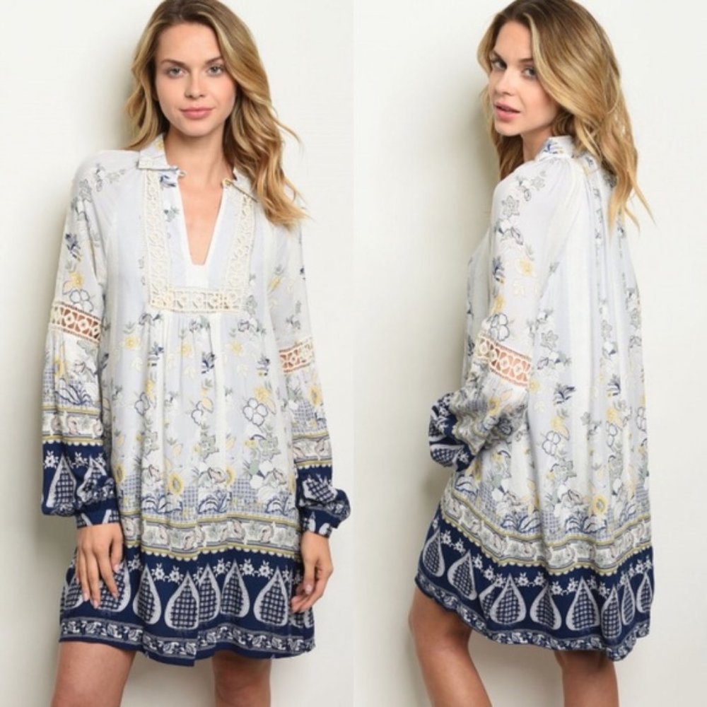 SMALL Long Sleeve V Neck Printed Tunic Dress
